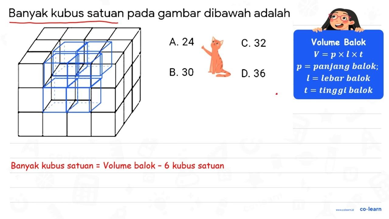 Banyak kubus satuan pada gambar dibawah adalah . A. 24 C.