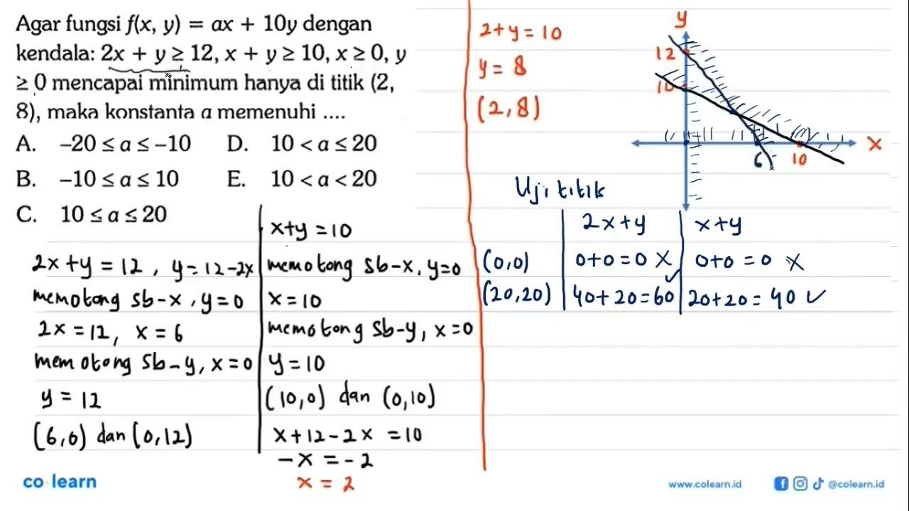 Agar fungsi f(x, y)=ax+10y dengan kendala: 2x+y>=12,