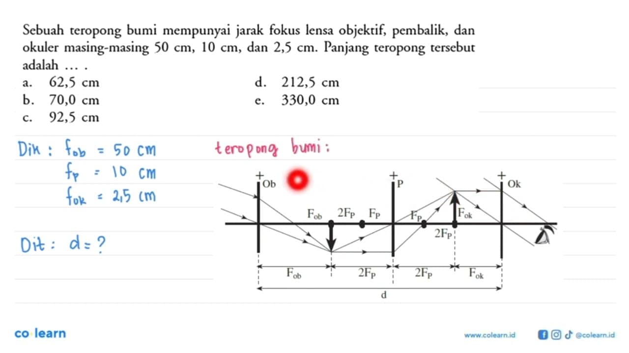 Sebuah teropong bumi mempunyai jarak fokus lensa objektif,