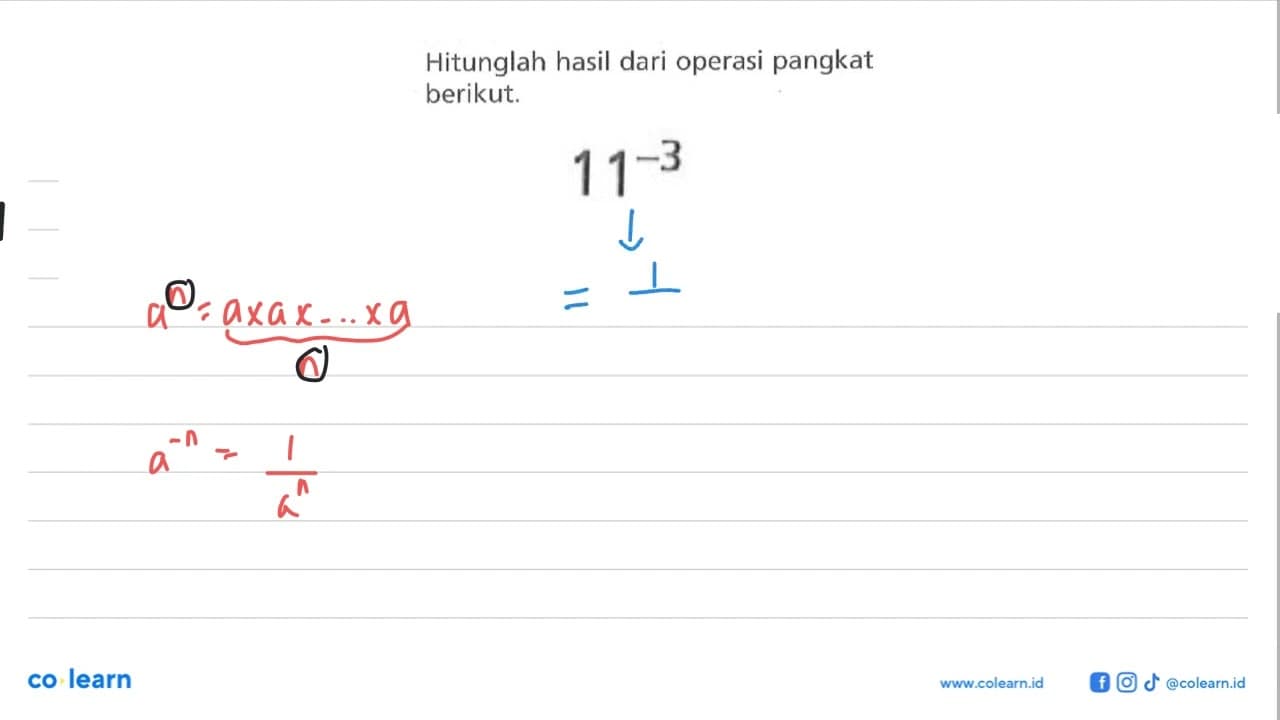 Hitunglah hasil dari operasi pangkat berikut. 11^(-3)