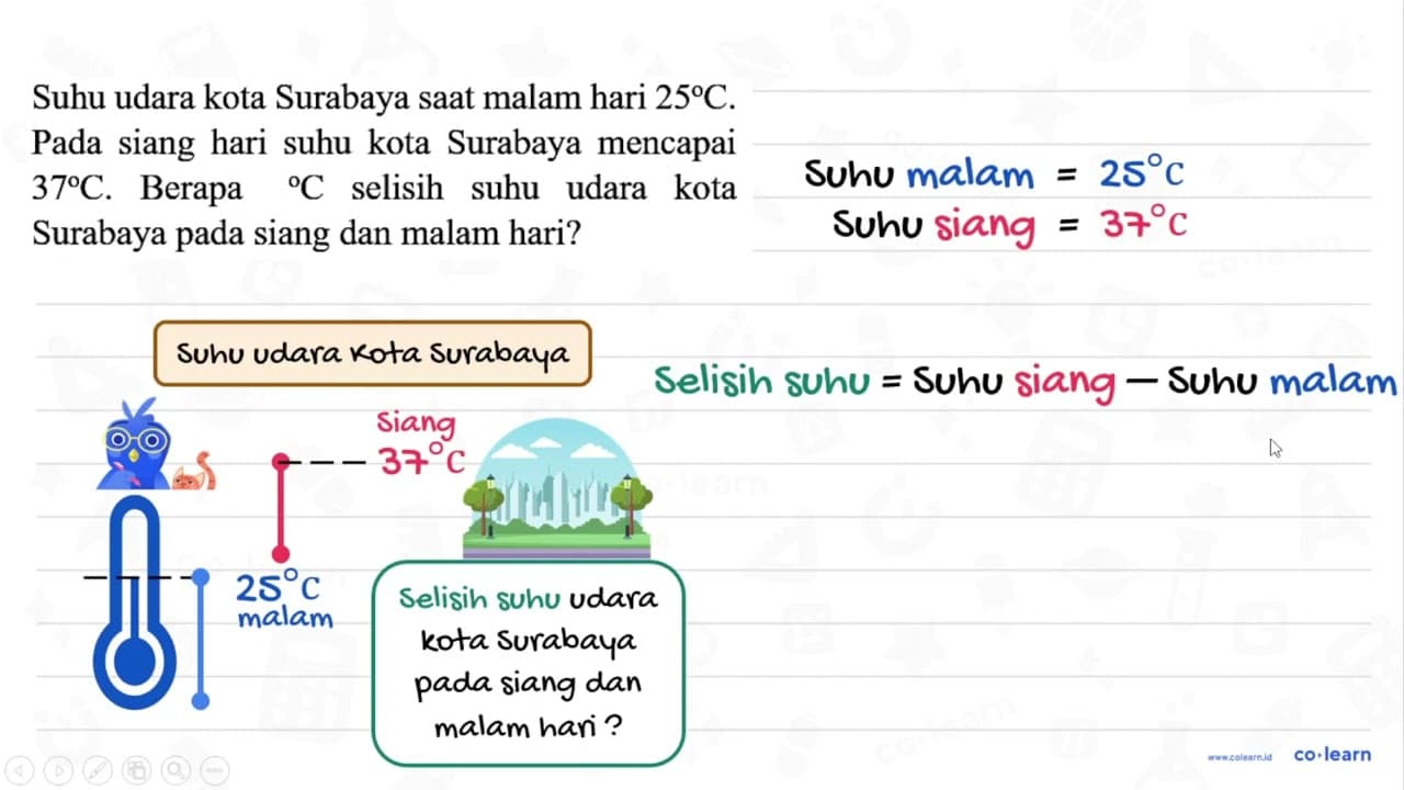 Suhu udara kota Surabaya saat malam hari 25C. Pada siang