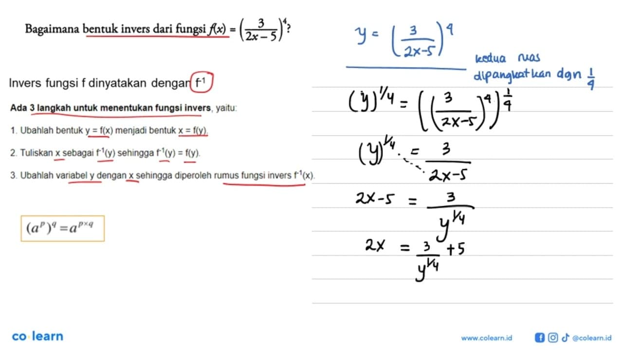 Bagaimana bentuk invers dari fungsi f(x)=((3)/(2x-5))^4 ?