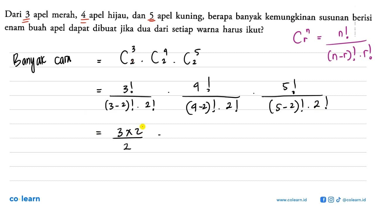 Dari 3 apel merah, 4 apel hijau, dan 5 apel kuning, berapa