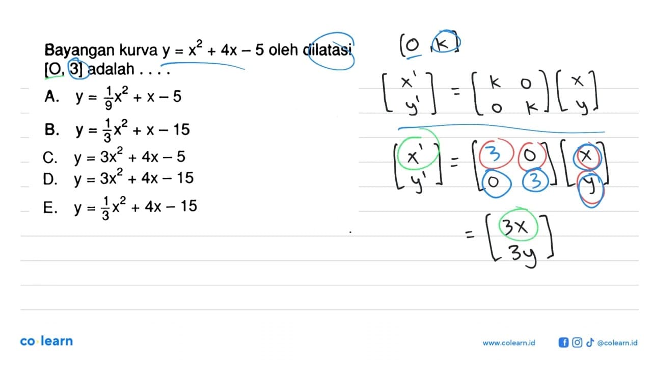 Bayangan kurva y = x^2 + 4x - 5 oleh dilatasi [O, 3]