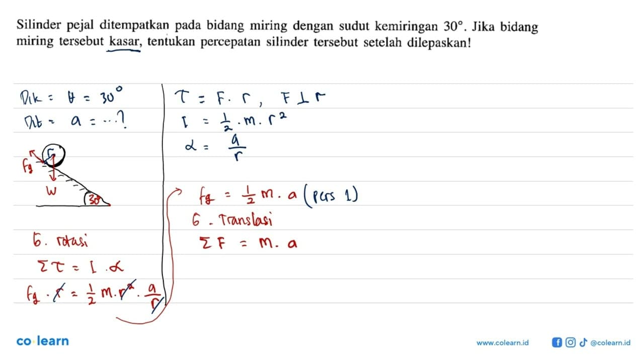 Silinder pejal ditempatkan pada bidang miring di sudut