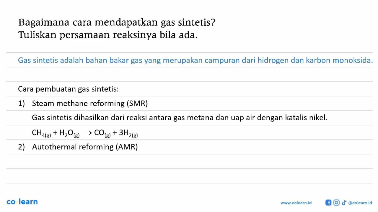 Bagaimana cara mendapatkan gas sintetis? Tuliskan persamaan