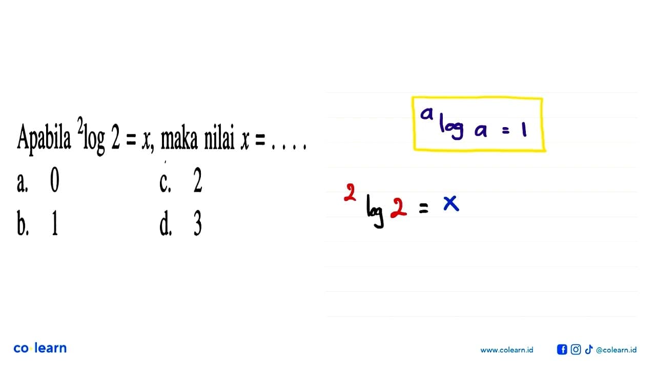 Apabila 2log2=x, maka nilai x=....