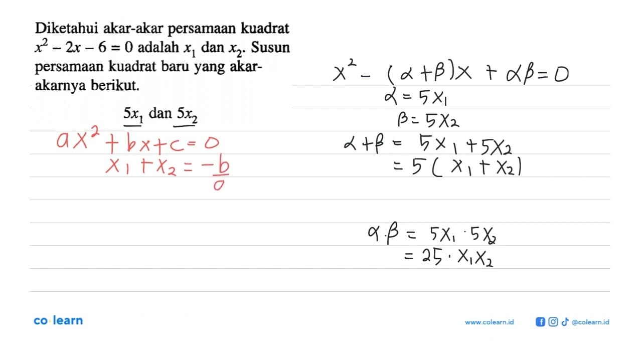 Diketahui akar-akar persamaan kuadrat x^2-2x-6=0 adalah x1