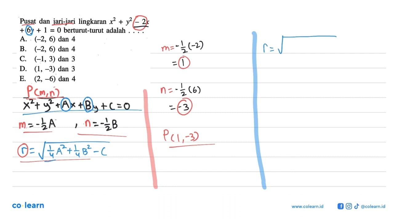 Pusat dan jari-jari lingkaran x^2+y^2-2x+6y+1=0