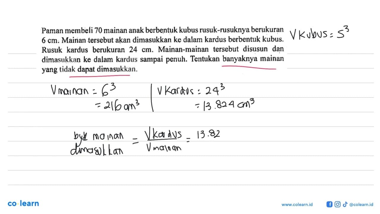 Paman membeli 70 mainan anak berbentuk kubus rusuk-rusuknya