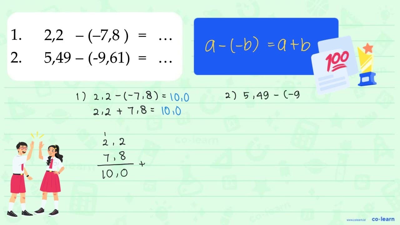 1. 2,2 - (-7,8) = ... 2. 5,49 - (-9,61) = ...