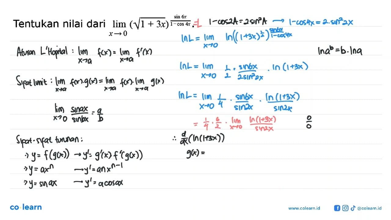 Tentukan nilai dari limit x mendekati 0 (akar(1 + 3x))^(sin