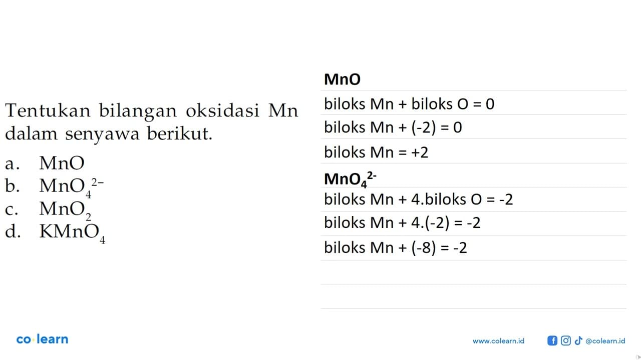 Tentukan bilangan oksidasi Mn dalam senyawa berikut.a.