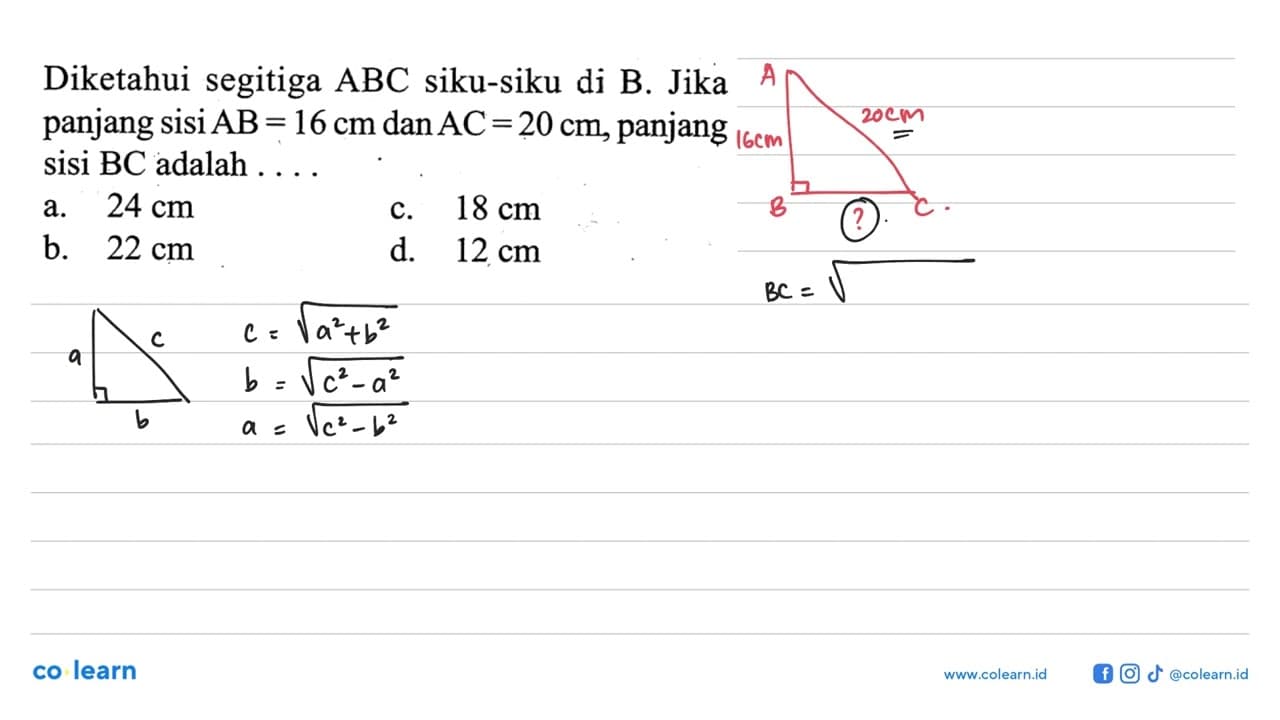 Diketahui segitiga ABC siku-siku di B. Jika panjang sisi