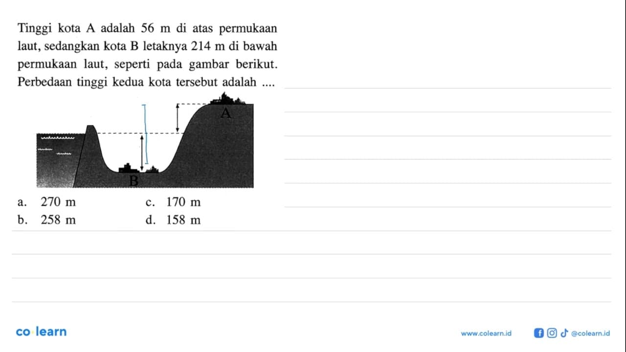Tinggi kota A adalah 56 m di atas permukaan laut, sedangkan