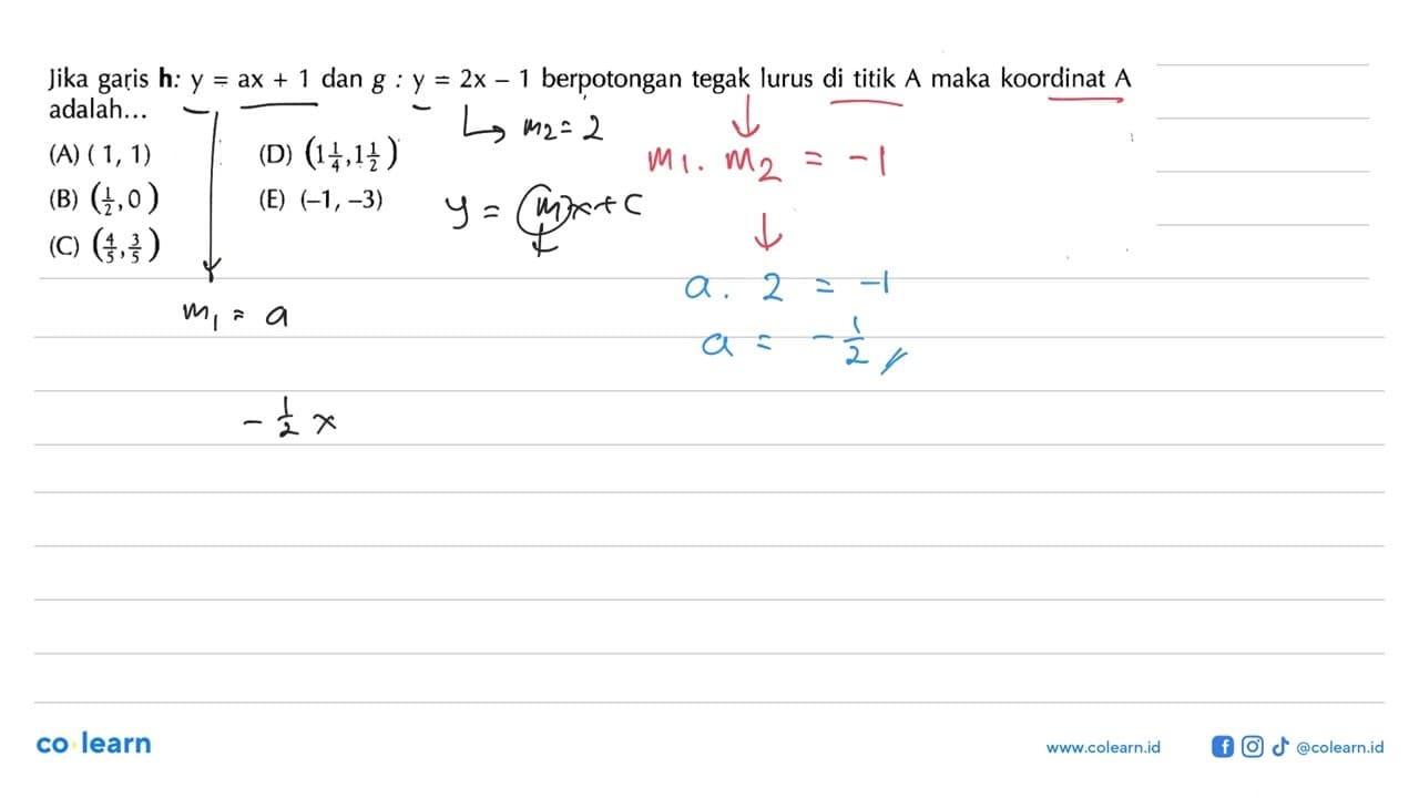 Jika garis h : Y = ax+ 1 dan g : y = 2x - 1 berpotongan