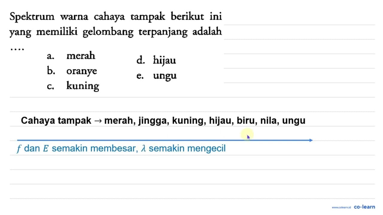 Spektrum warna cahaya tampak berikut ini yang memiliki