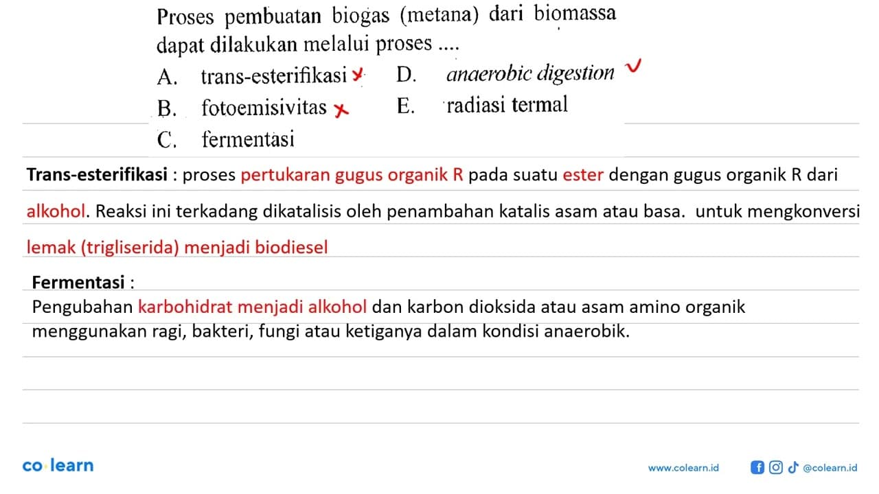 Proses pembuatan biogas (metana) dari biomassa dapat