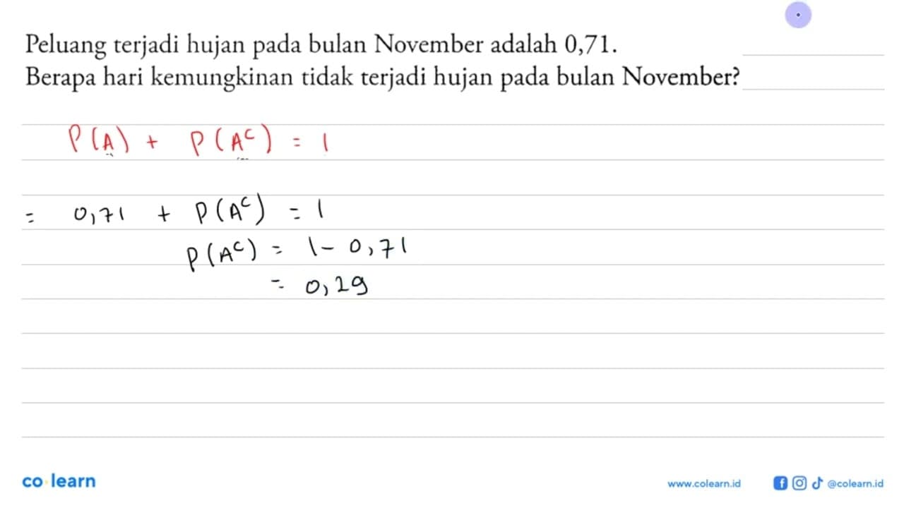 Peluang terjadi hujan pada bulan November adalah 0,71.