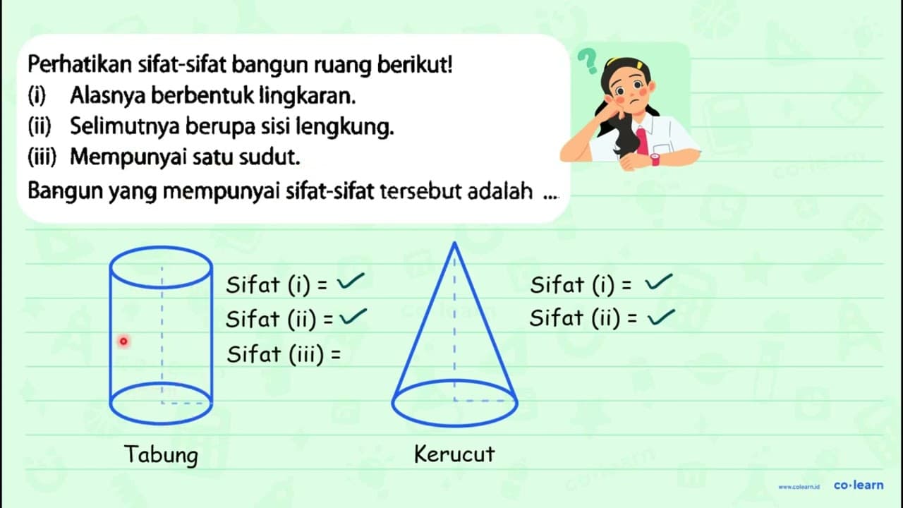 Perhatikan sifat-sifat bangun ruang berikut! (i) Alasnya