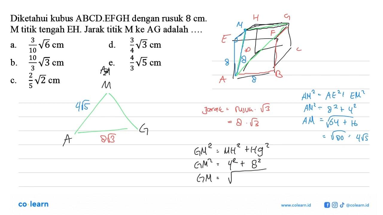 Diketahui kubus ABCD.EFGH dengan rusuk 8 cm. M titik tengah