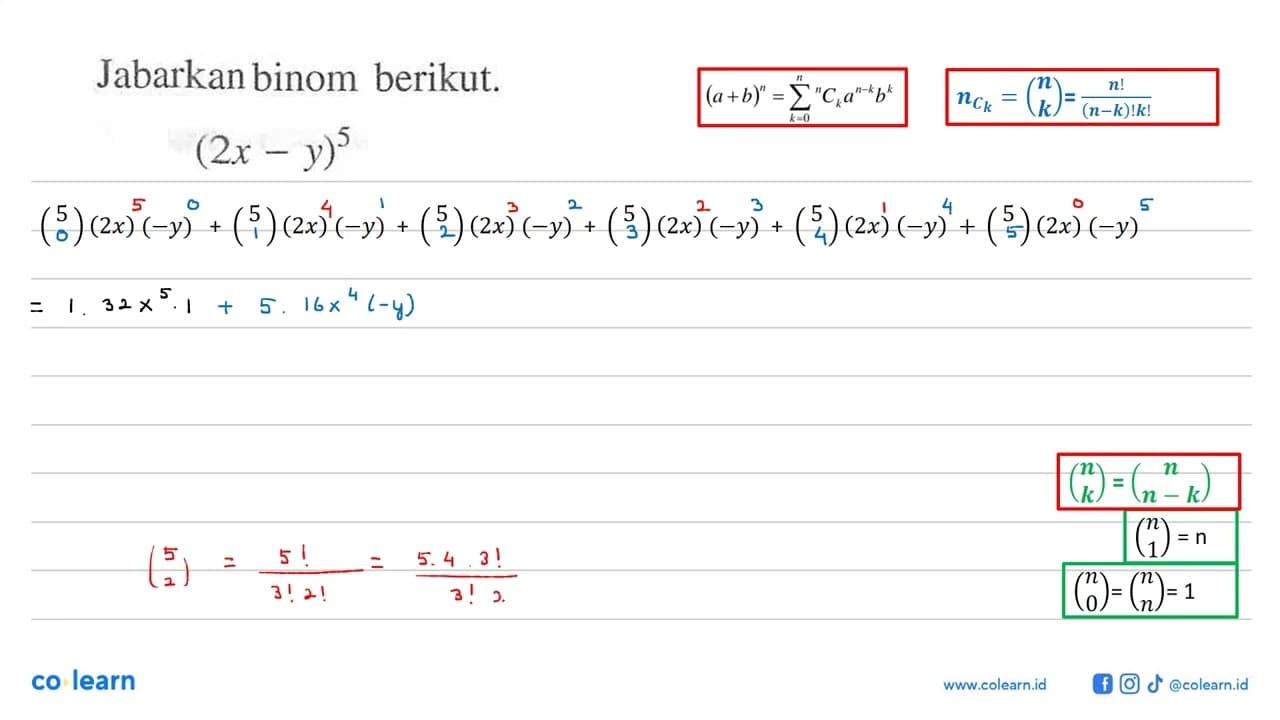 Jabarkan binom berikut. (2x-y)^5