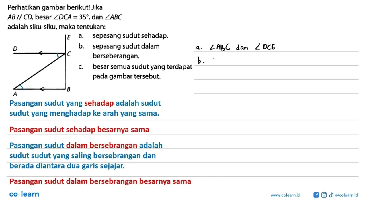 Perhatikan gambar berikut! Jika AB//CD , besar sudut DCA=35