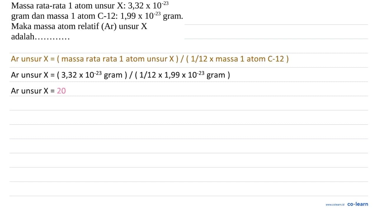 Massa rata-rata 1 atom unsur X: 3,32 х 10^(-23) gram dan