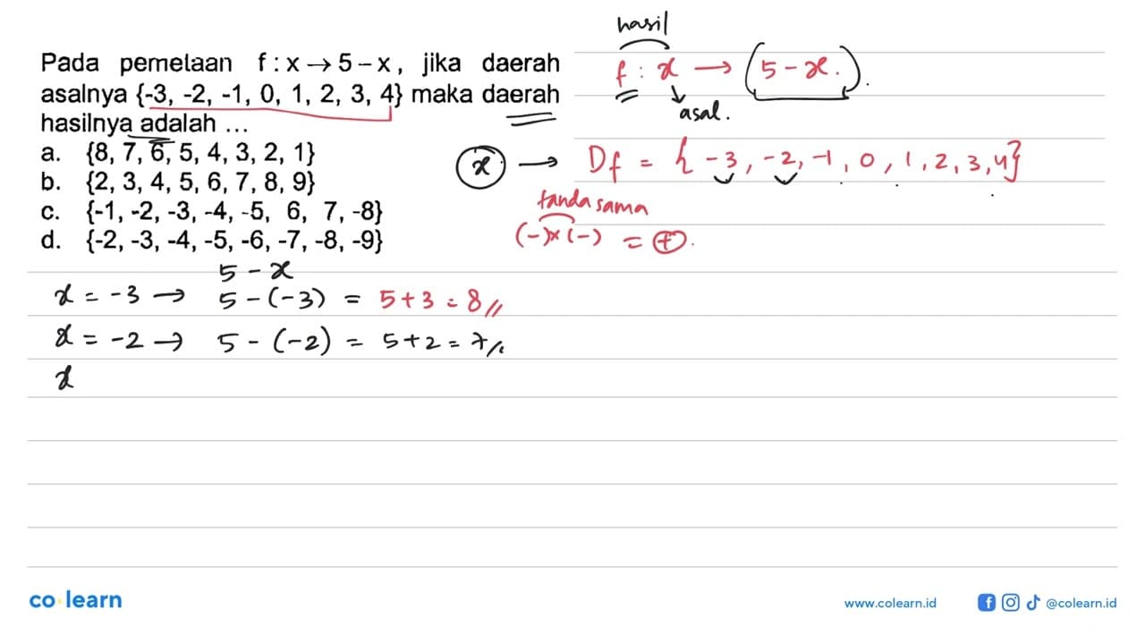 Pada pemelaan f : x -> 5 - x, jika daerah asalnya {-3, -2,