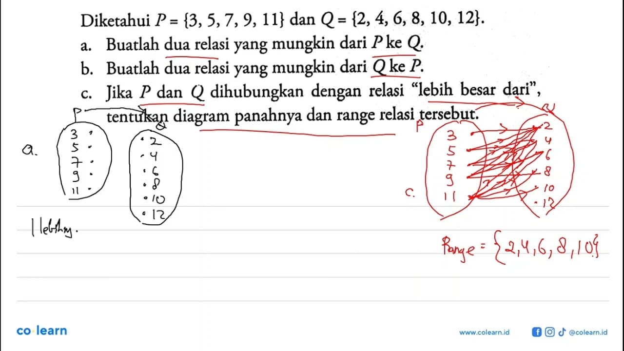 Diketahui P={3,5,7,9,11} dan Q={2,4,6,8,10,12}. a. Buatlah