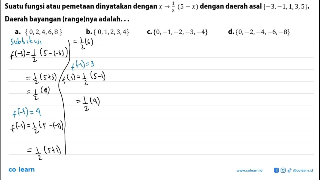 Suatu fungsi atau pemetaan dinyatakan dengan x -> 1/2 (5-x)