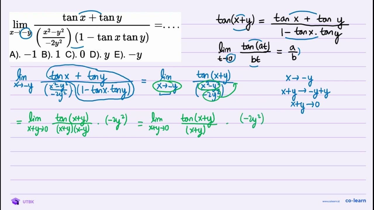 lim _(x ->-y) (tan x+tan y)/(((x^(2)-y^(2))/(-2