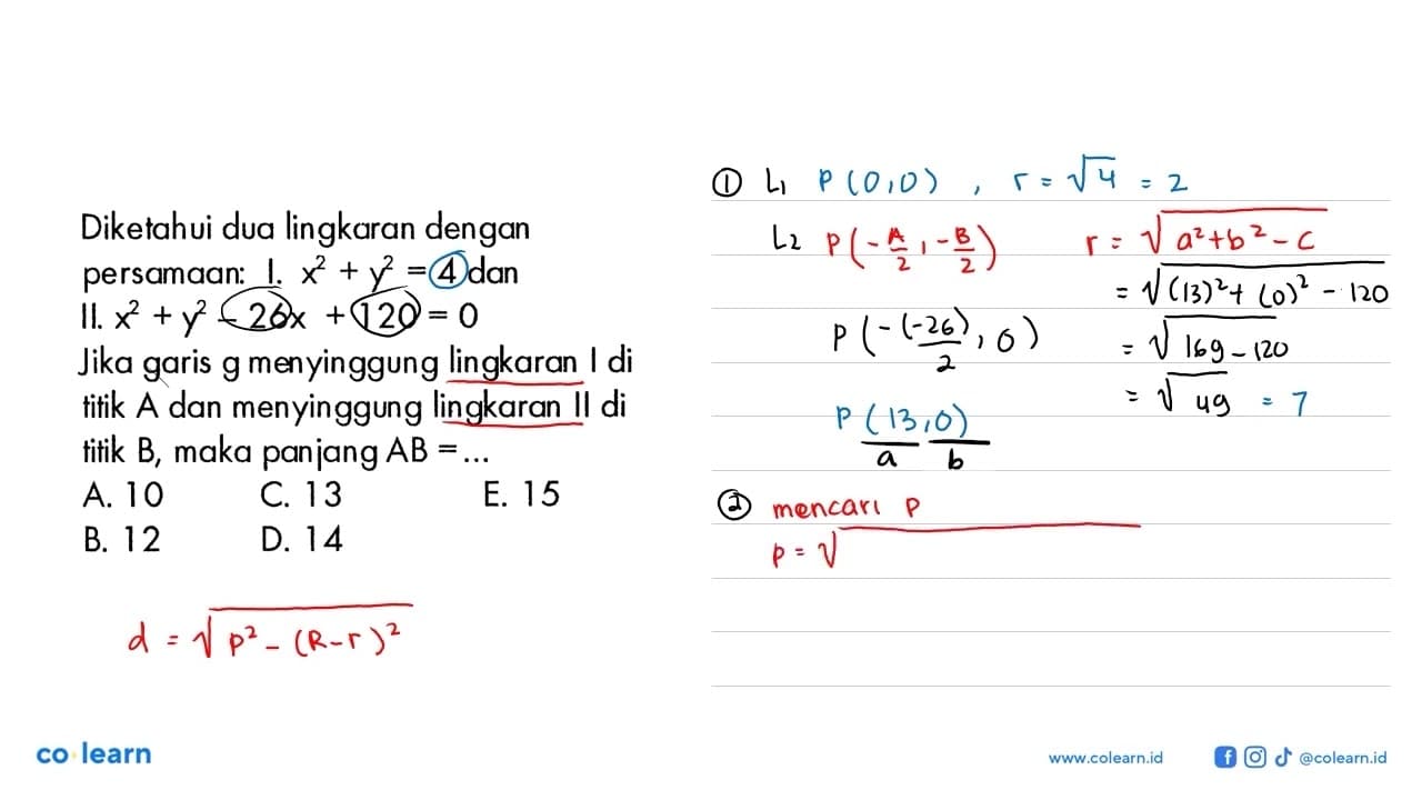 Diketahui dua lingkaran dengan persamaan: I. x^2+y^2=4 dan