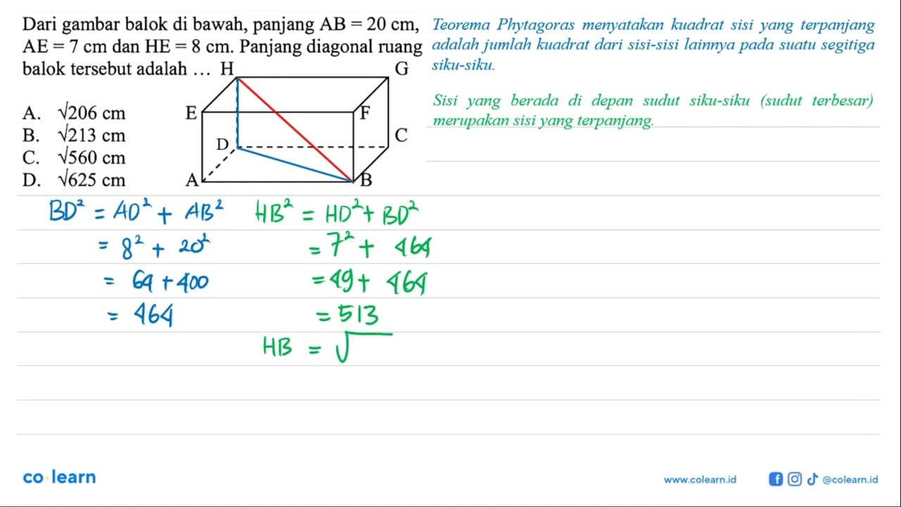 Dari gambar balok di bawah, panjang AB=20 cm , AE=7 cm dan