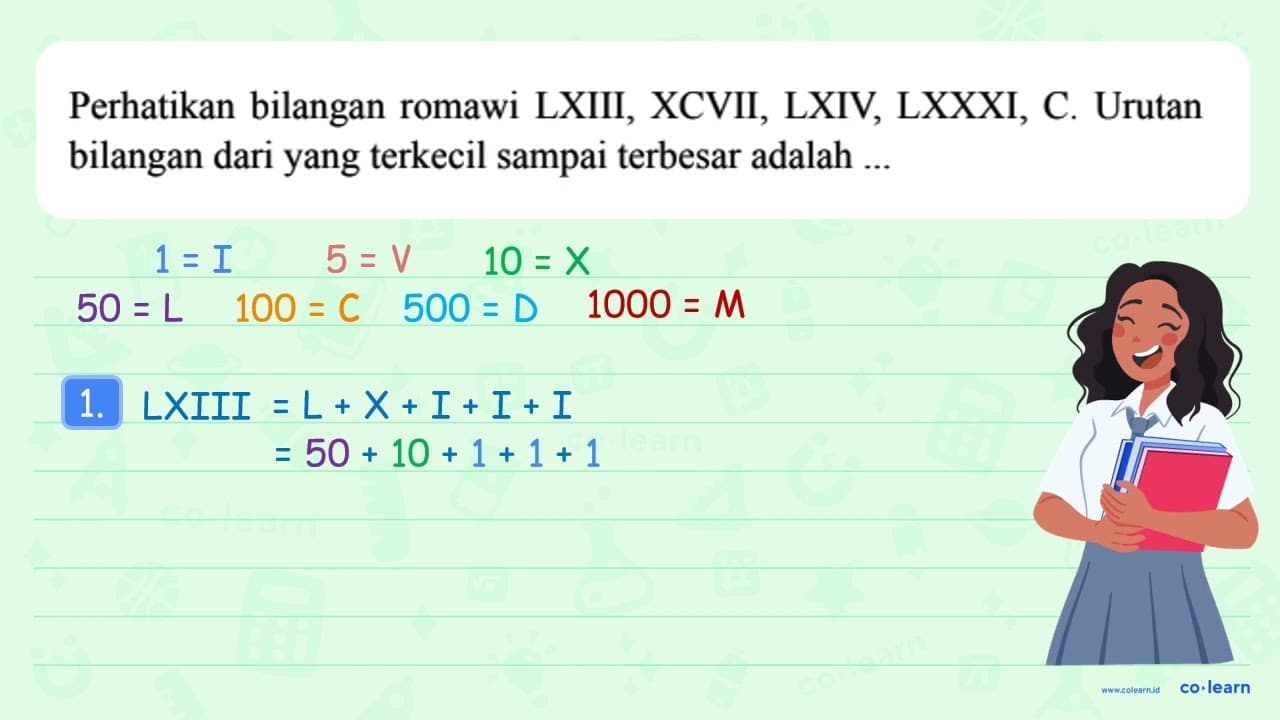 Perhatikan bilangan romawi LXIII, XCVII, LXIV, LXXXI, C.