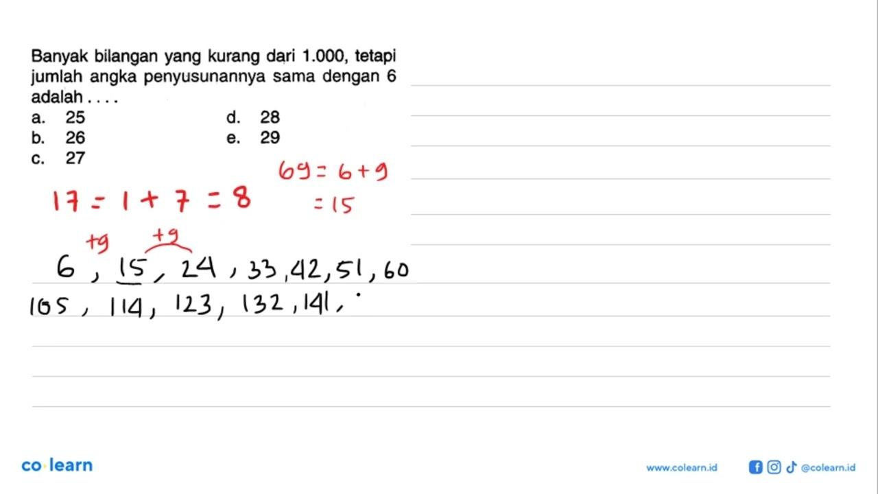 Banyak bilangan yang kurang dari 1.000 , tetapi jumlah