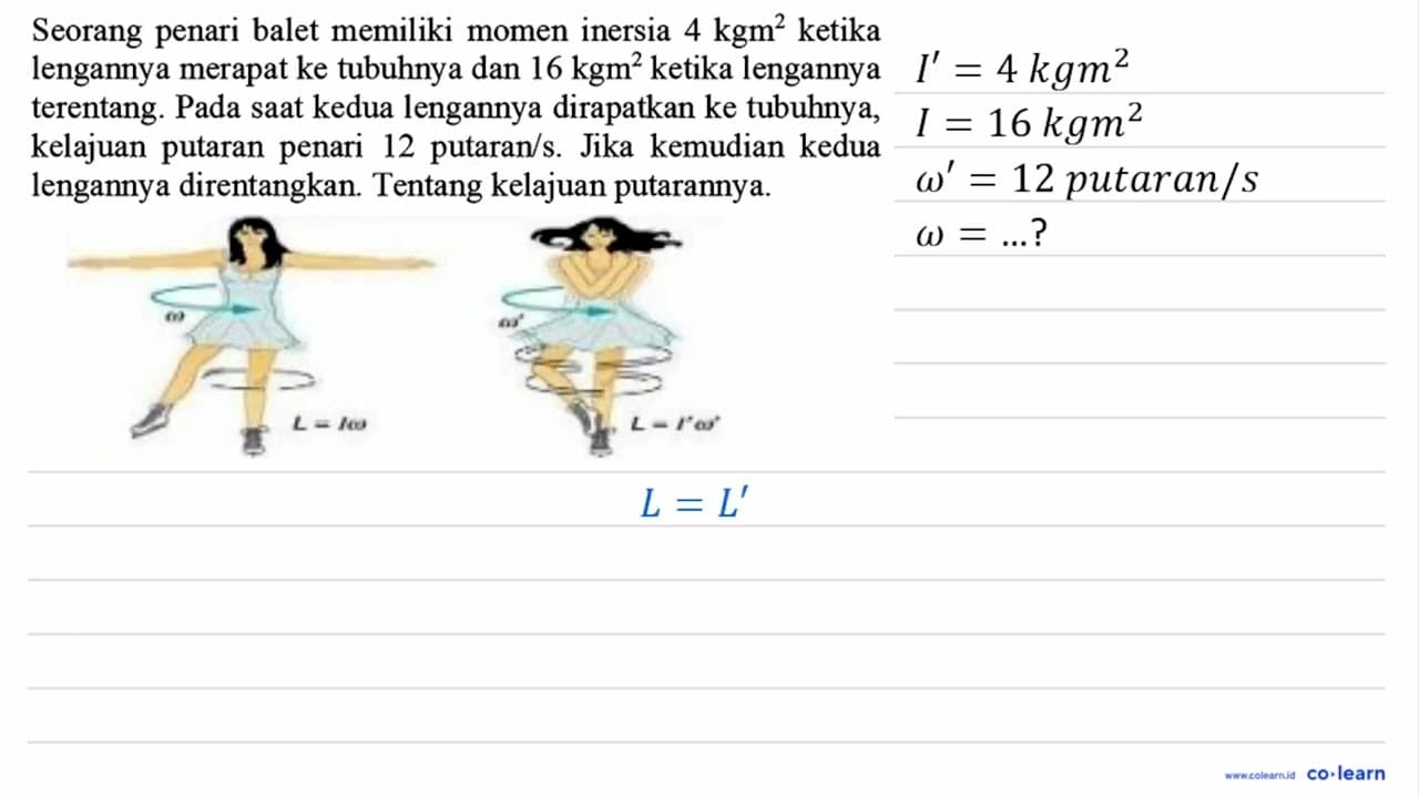 Seorang penari balet memiliki momen inersia 4 kgm^2 ketika