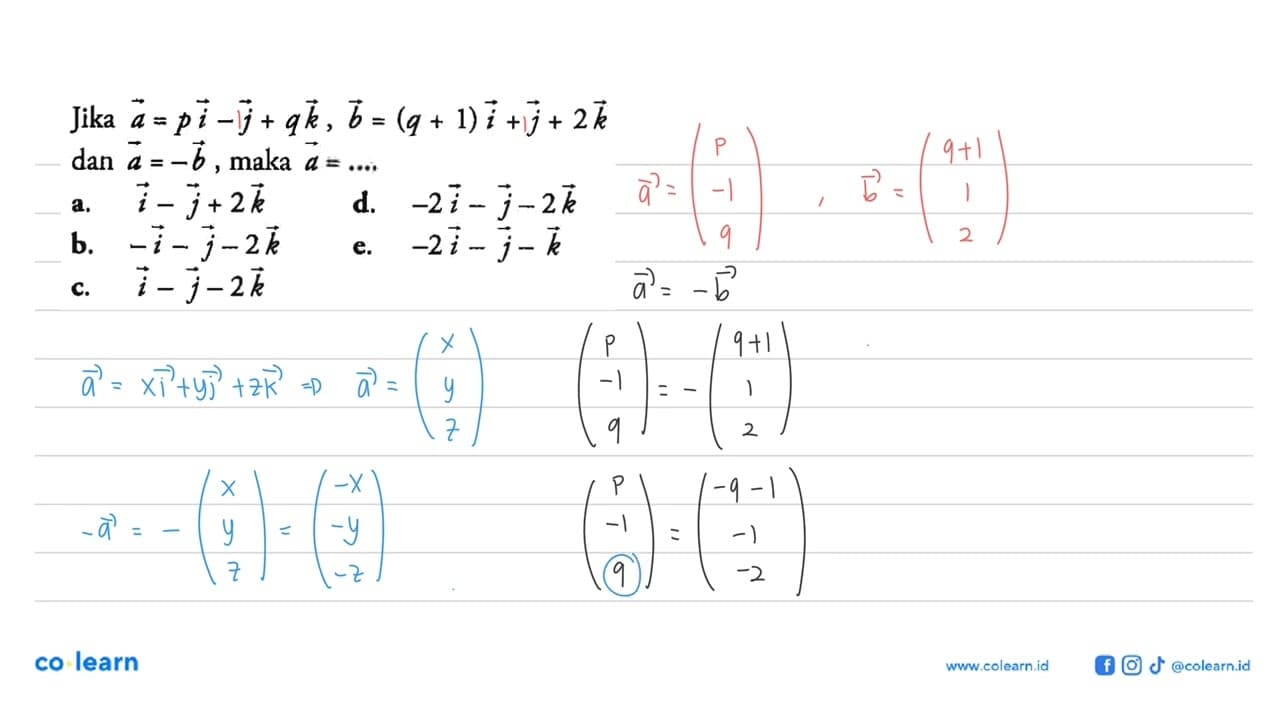 Jika a=pi-j+qk, b=(q+1)i+j+2k dan a=-b, maka a=...