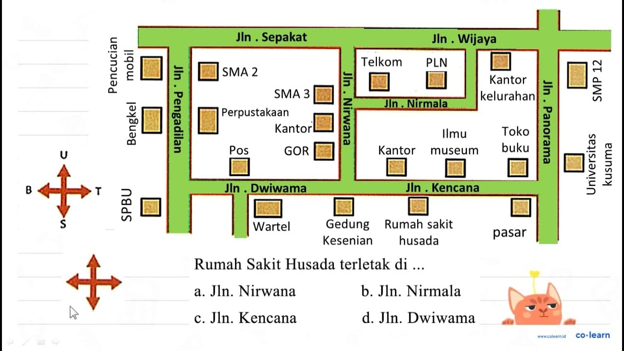 Rumah Sakit Husada terletak di ... a. Jln. Nirwana b. Jln.