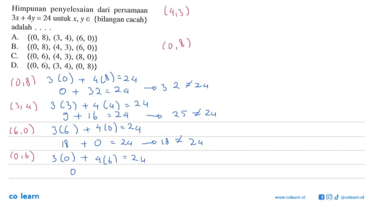 Himpunan penyelesaian dari persamaan 3x + 4y = 24 untuk x,