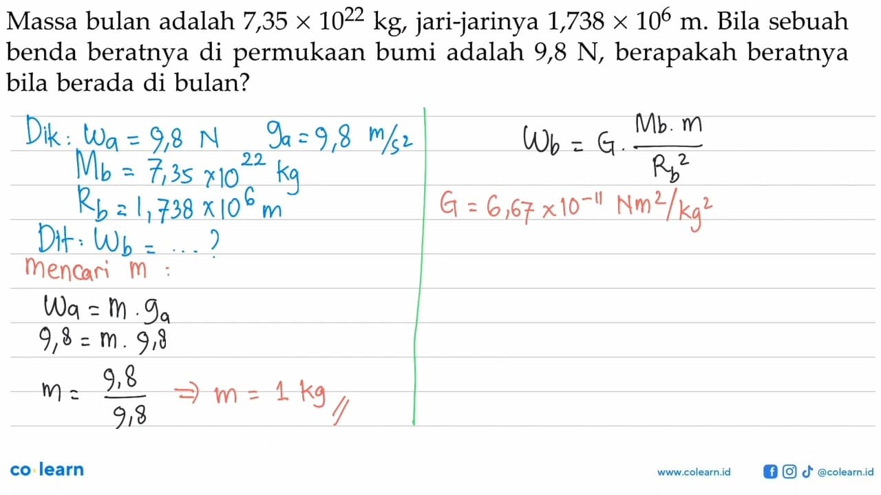 Massa bulan adalah 7,35 x 10^22 kg, jari-jarinya 1,738 x