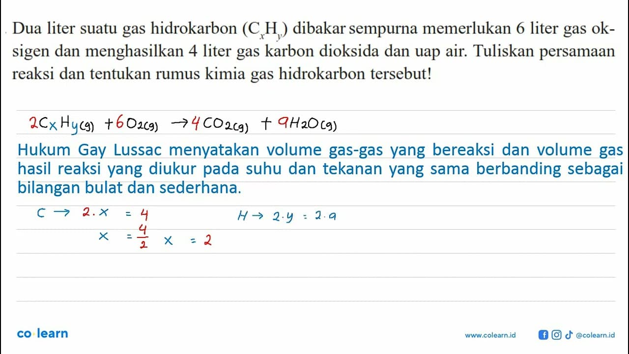 Dua liter suatu gas hidrokarbon (CxHy) dibakar sempurna