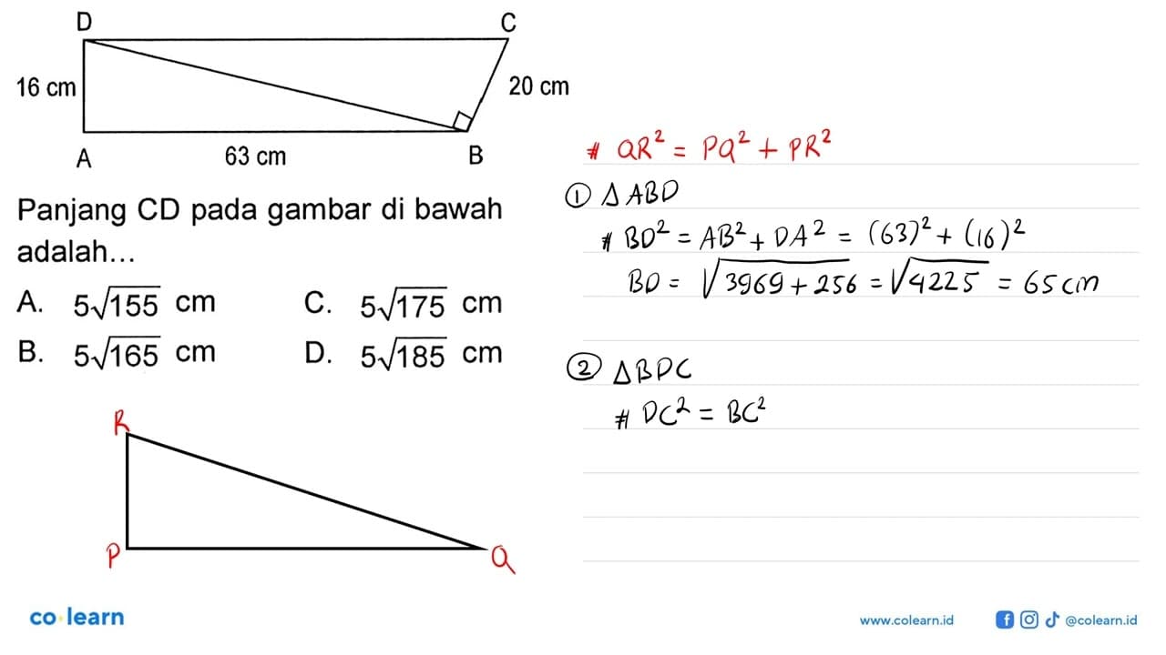 Panjang CD pada gambar di bawah adalah....DA=16 cm, AB=63