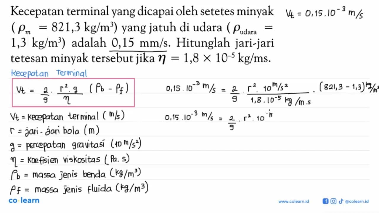 Kecepatan terminal yang dicapai oleh setetes minyak (rhom =