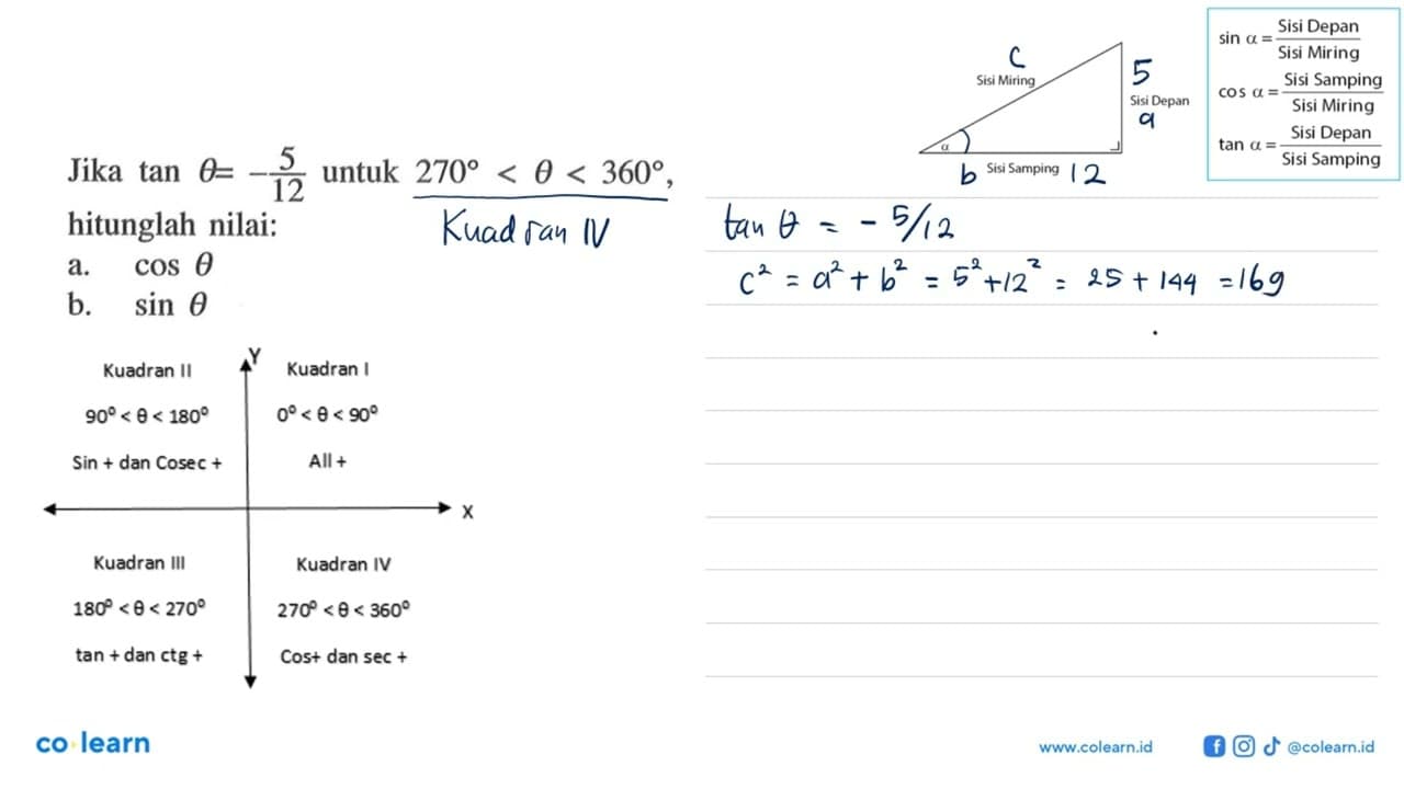 Jika tan theta=-5/12 untuk 270<theta<360, hitunglah nilai: