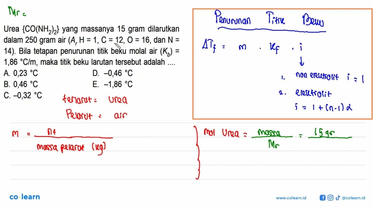 Urea (CO(NH2)2) yang massanya 15 gram dilarutkan dalam 250