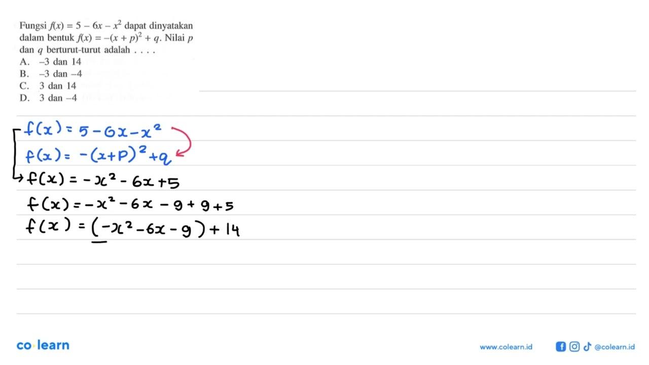 Fungsi f(x) = 5 - 6x - x^2 dapat dinyatakan dalam bentuk