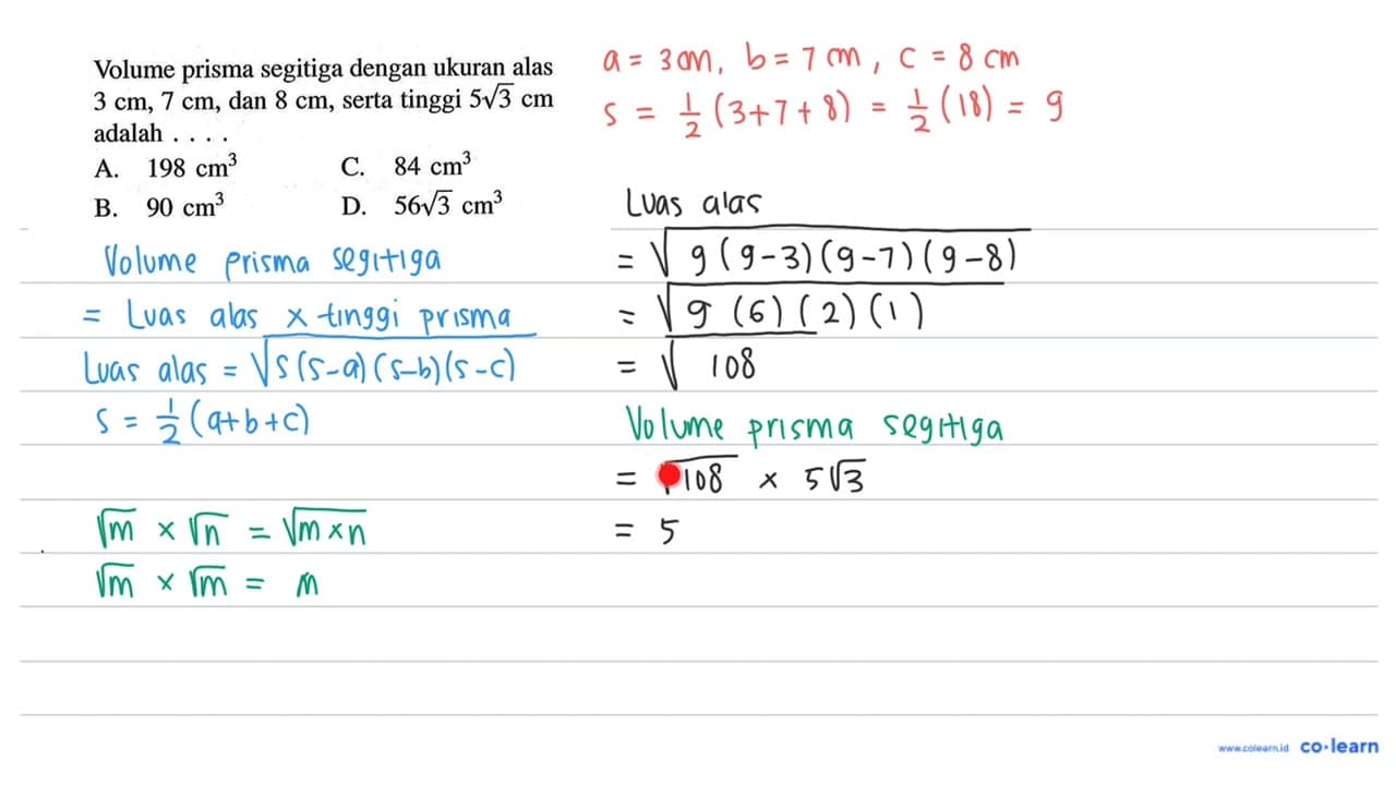 Volume prisma segitiga dengan ukuran alas 3 cm, 7 cm, dan 8