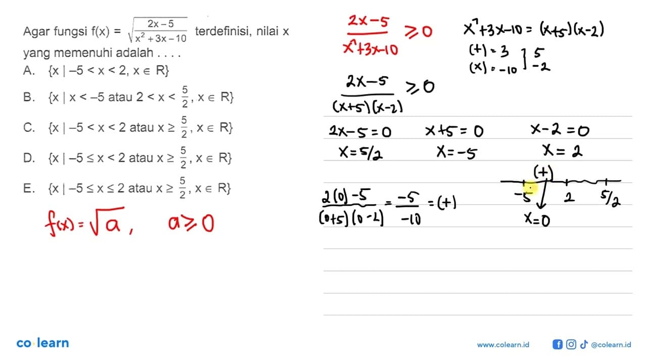 Agar fungsi f(x)=akar((2x-5)/(x^2+3x-10)) terdefinisi,