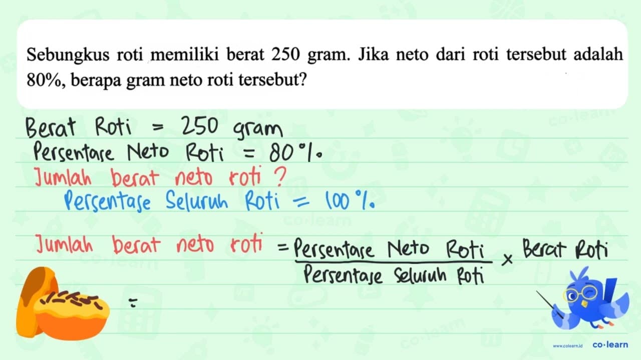 Sebungkus roti memiliki berat 250 gram. Jika neto dari roti